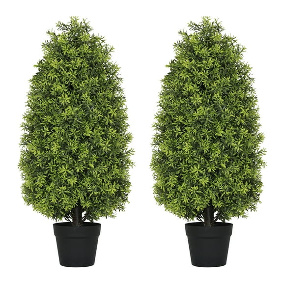 Aukfa 3ft Artificial Boxwood Cone Trees 2 Set, Green Faux Shrub Plants with UV Protection for Outdoor Porch Patio and Indoor Decor