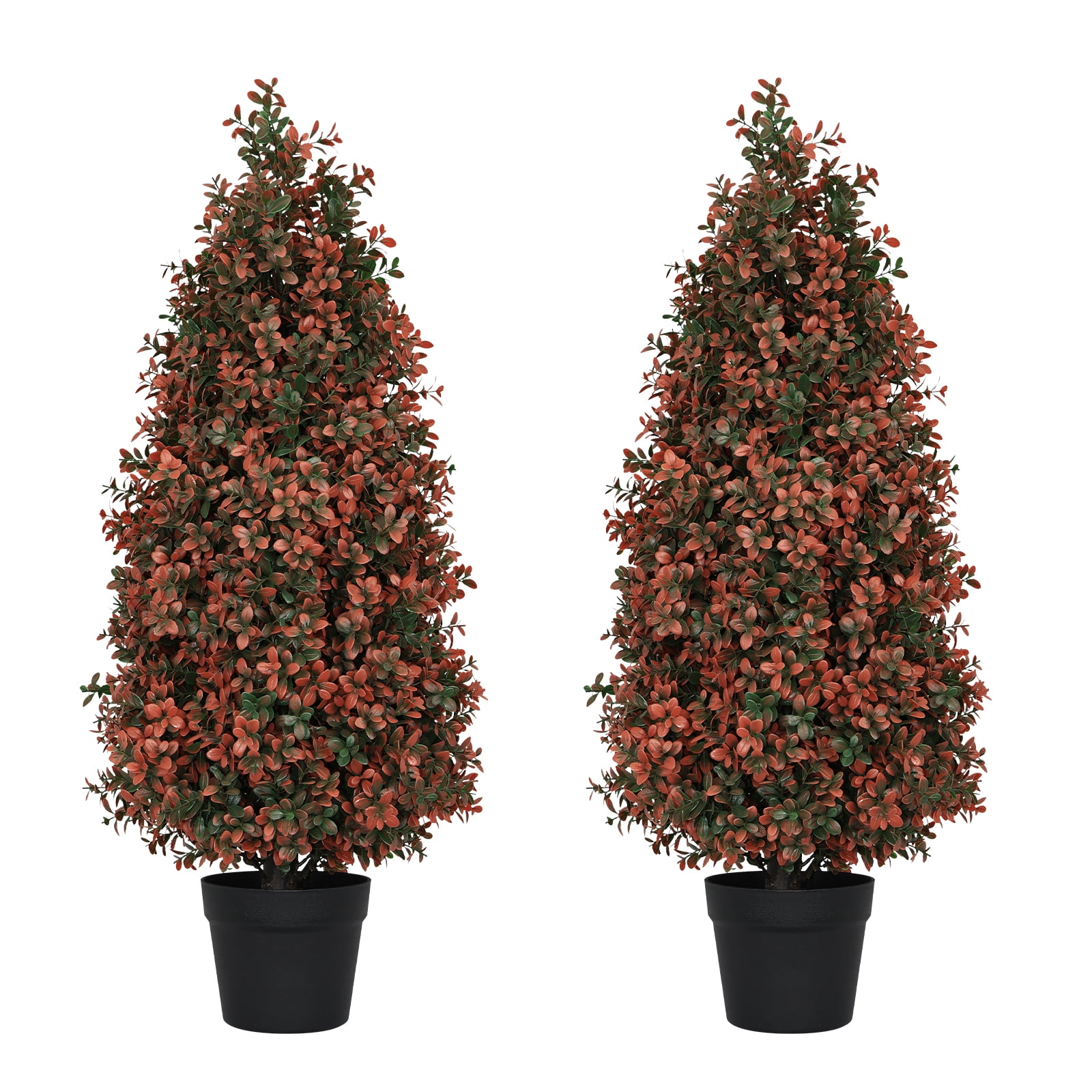 Aukfa 3ft Artificial Boxwood Topiary Trees 2 Set, Red Faux Plants with UV Protection for Outdoor Porch Patio and Indoor Decor