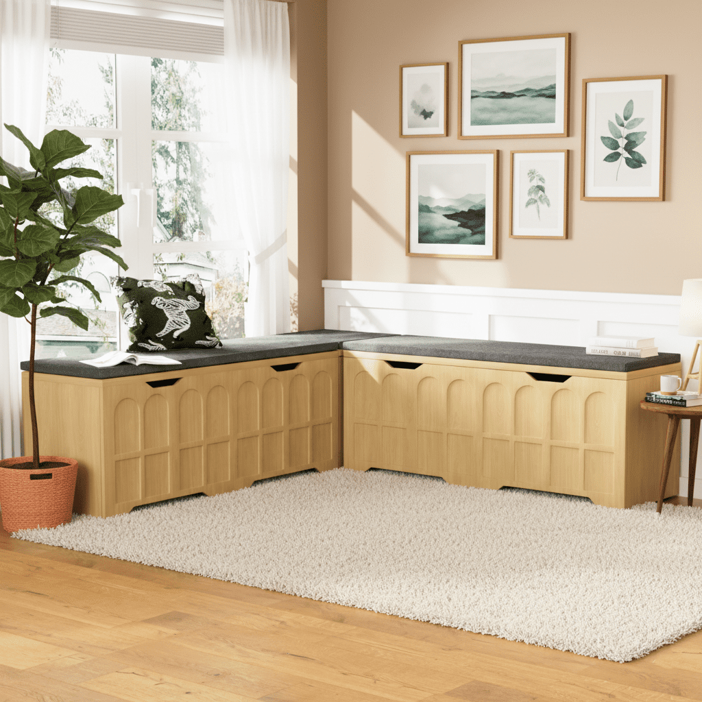 Aukfa 3pcs L-Shaped Storage Bench,Corner Bench with Flip-Top Lid and Cushion for Entryway/Living Room,Natural