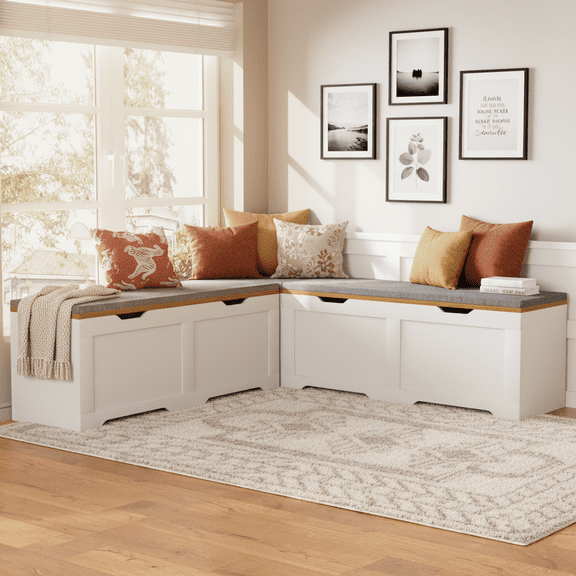 Aukfa 3pcs L-Shaped Storage Bench,Corner Bench with Flip-Top Lid and Cushion for Entryway/Living Room,White