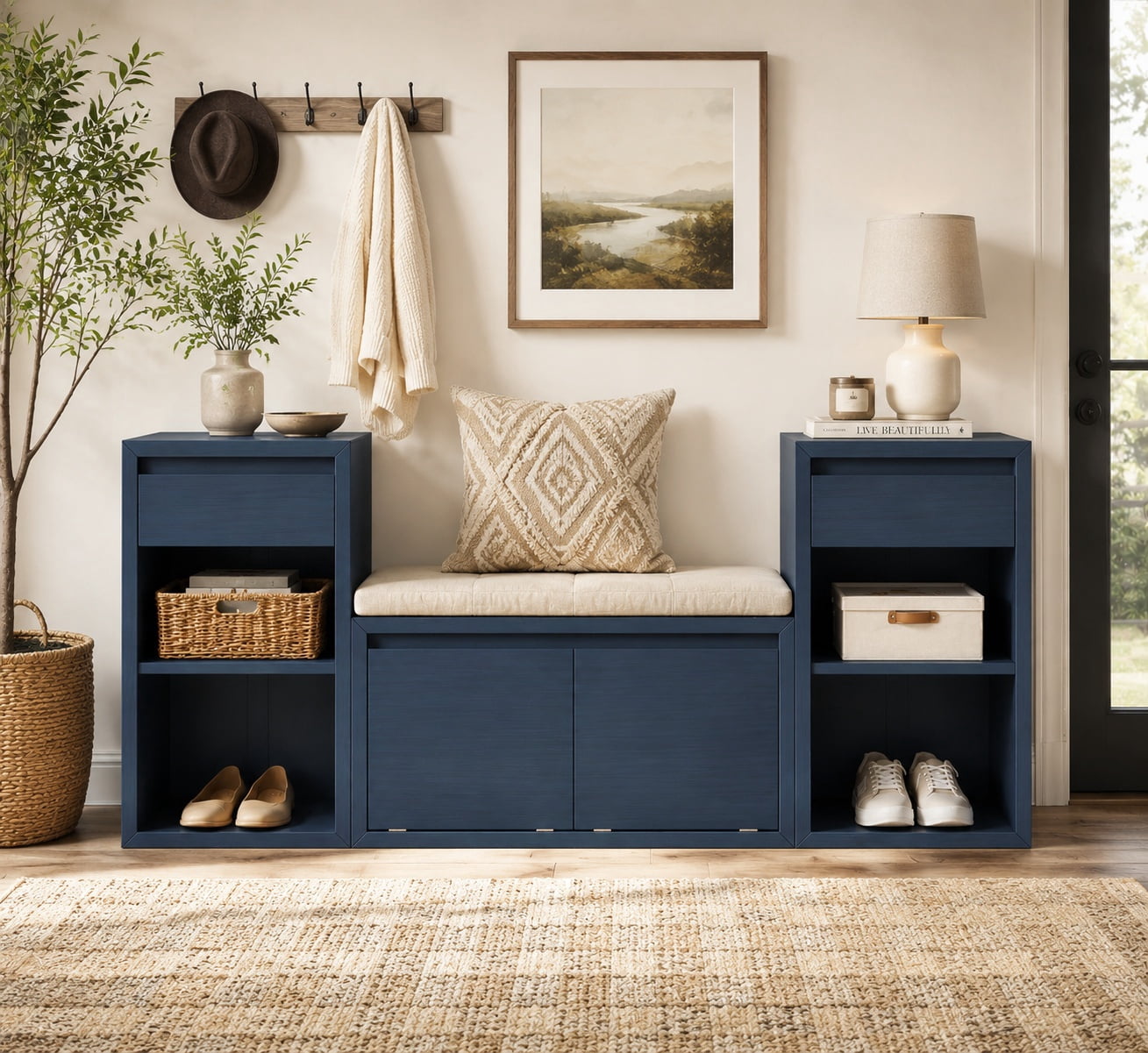 Aukfa 3pcs Storage Shoe Bench Set with Cushioned Seat, Entryway Organizer with Open Shelves & Cubbies,Antique Navy