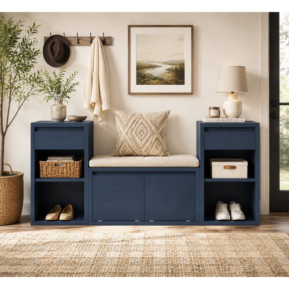 Aukfa 3pcs Storage Shoe Bench Set with Cushioned Seat, Entryway Organizer with Open Shelves & Cubbies,Antique Navy
