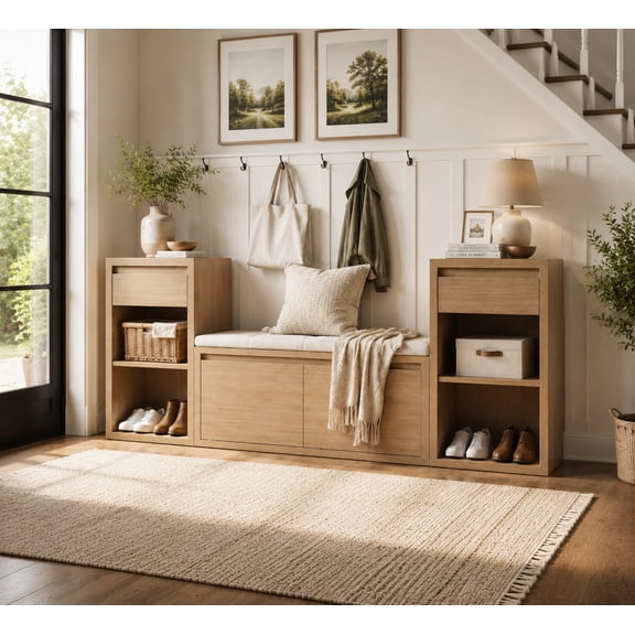 Aukfa 3pcs Storage Shoe Bench Set with Cushioned Seat, Entryway Organizer with Open Shelves & Cubbies,Brown