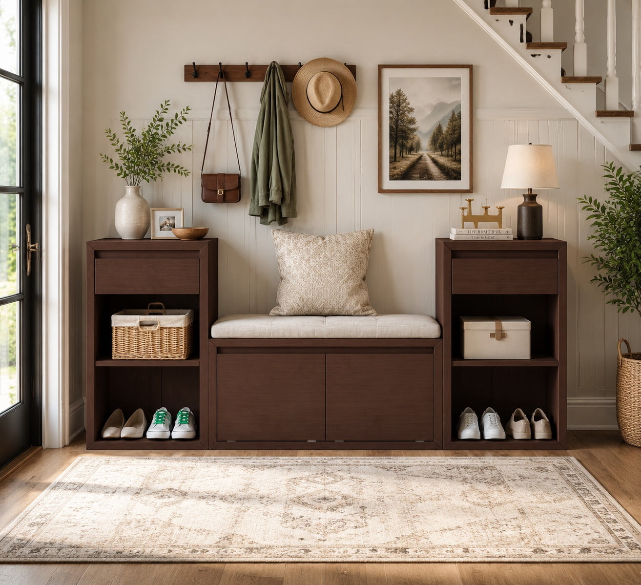 Aukfa 3pcs Storage Shoe Bench Set with Cushioned Seat, Entryway Organizer with Open Shelves & Cubbies,Espresso