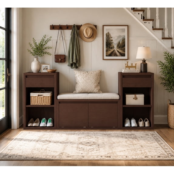 Aukfa 3pcs Storage Shoe Bench Set with Cushioned Seat, Entryway Organizer with Open Shelves & Cubbies,Espresso