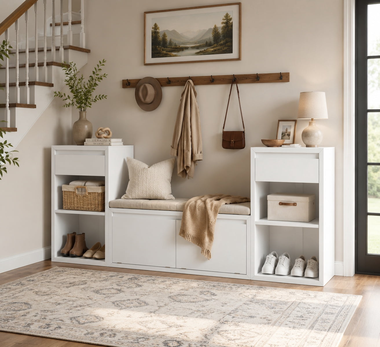 Aukfa 3pcs Storage Shoe Bench Set with Cushioned Seat, Entryway Organizer with Open Shelves & Cubbies,White
