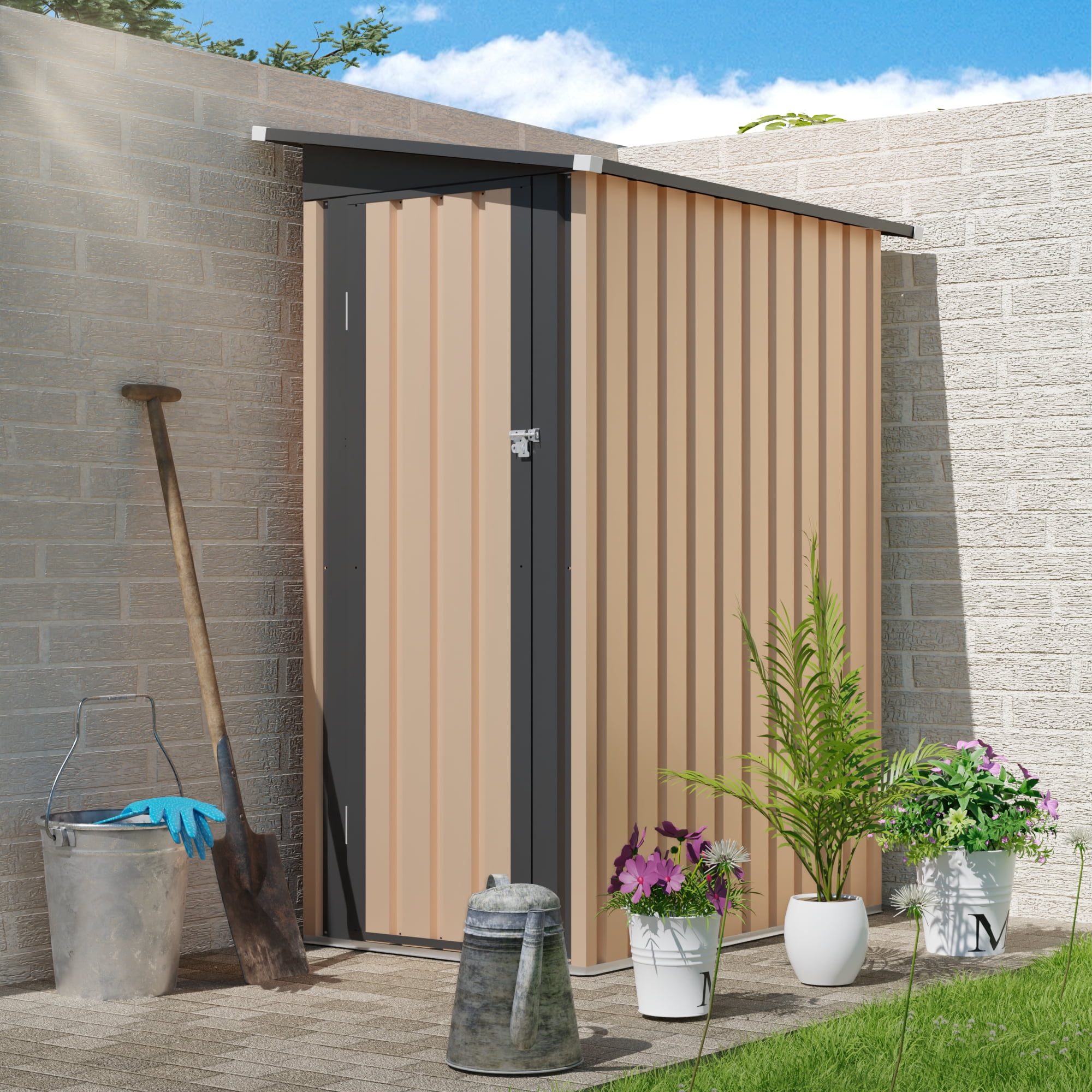 Aukfa 4.27x2.42FT Outdoor Pent Metal Garden Shed,Weather-Resistant Tool Shed for Backyard, Patio & Lawn,Brown