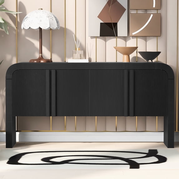 Aukfa 4-Door Striped Storage Cabinets, Sideboard Console Table for Hallway Living Room,Black