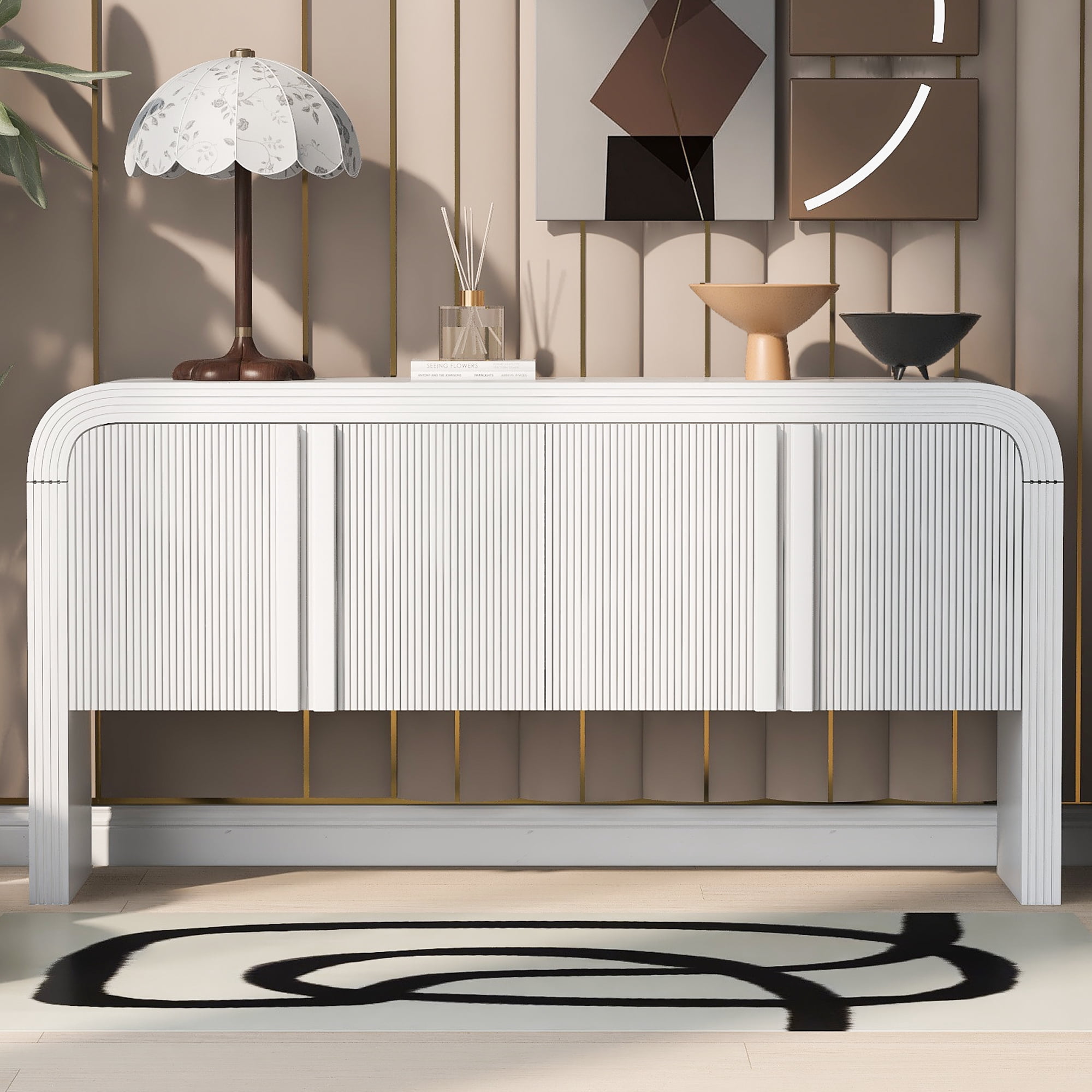 Aukfa 4-Door Striped Storage Cabinets, Sideboard Console Table for Hallway Living Room,White