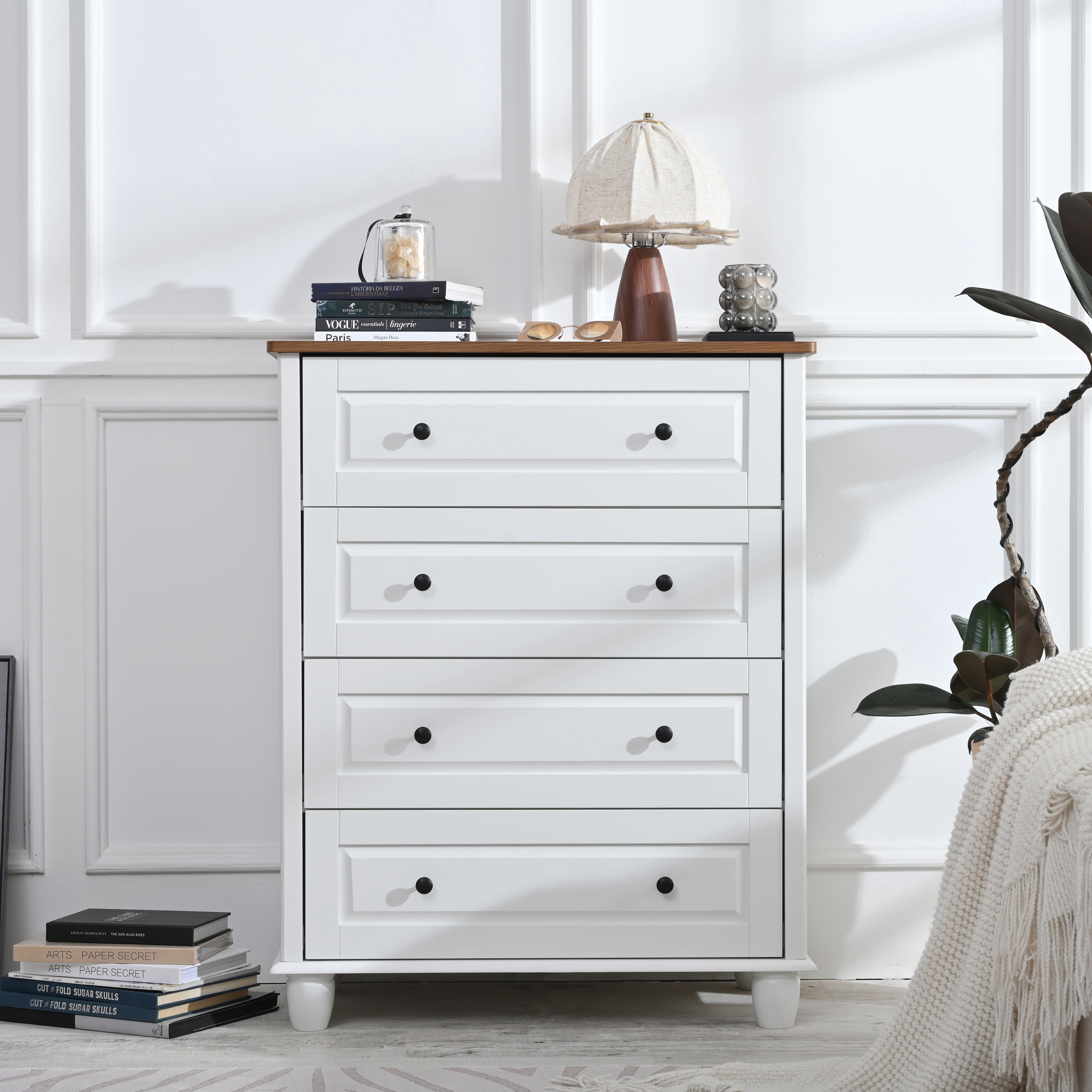 Aukfa 4 Drawer Dresser,Wood Closet Tall Chest of Drawers Storage Cabinet for Nursery Bedroom Living Room Hallway, White