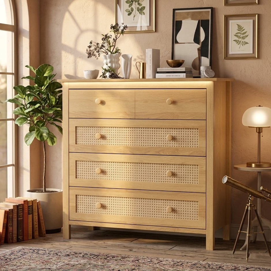 Aukfa 4 Drawer Dresser with Rattan Doors, Modern Boho Storage Cabinet Wooden Chest of Drawers for Bedroom, Living Room, Natural