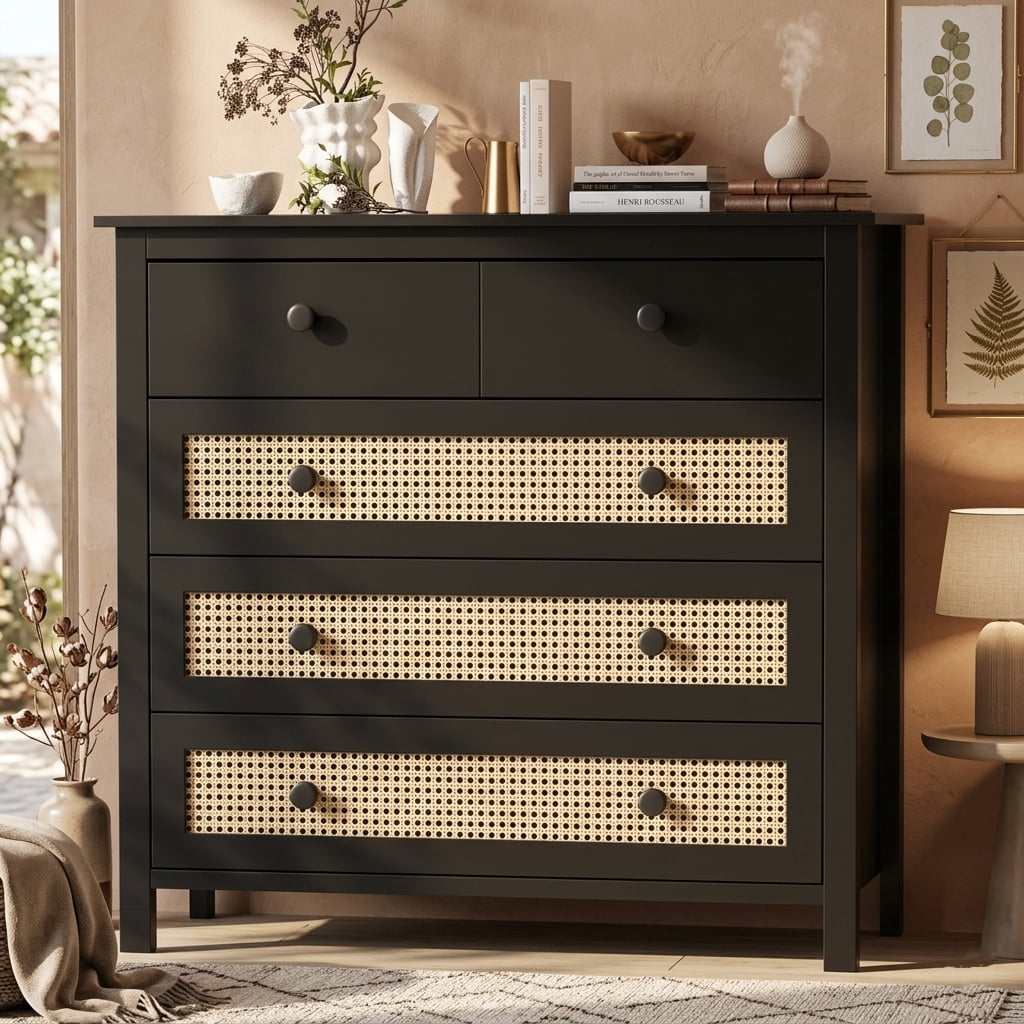 Aukfa 4 Drawer Dresser with Rattan Doors, Modern Boho Storage Cabinet Wooden Chest of Drawers for Bedroom, Living Room, Walnut