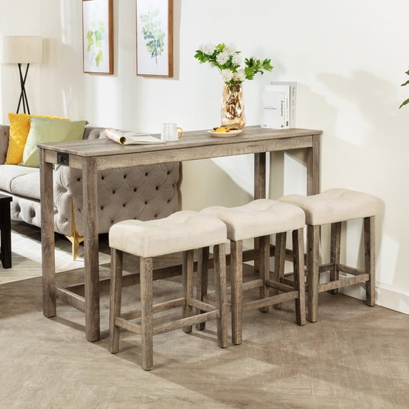 Aukfa 4 Piece Bar Table Set with Power Outlet, Breakfast Table with 3 Padded Stools, Dining Table and Chairs Set for Living Room, Dining Room, Brown