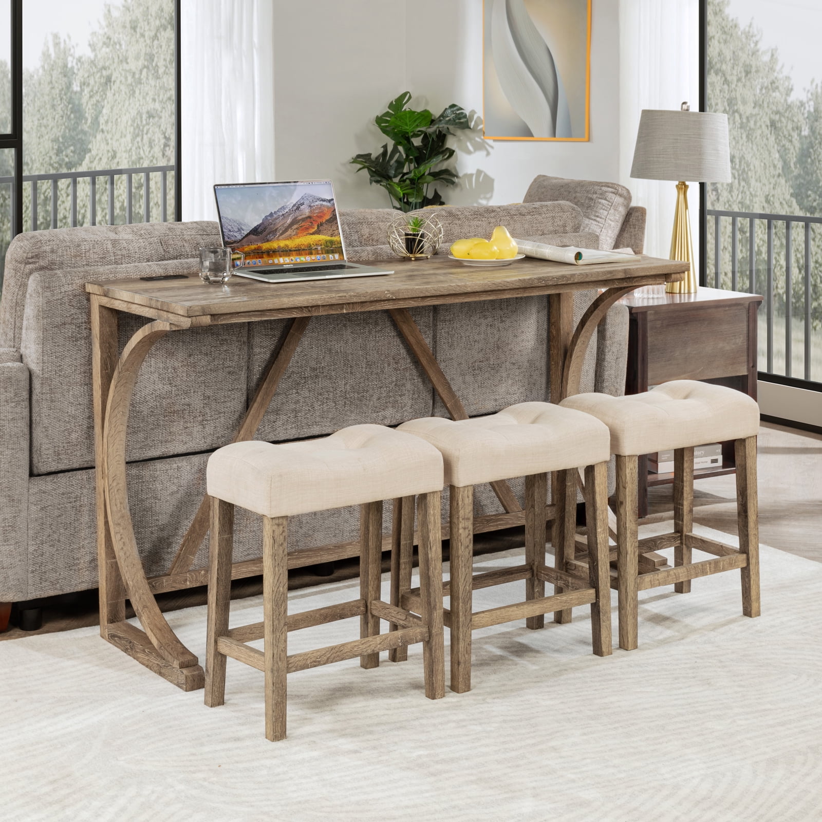 Aukfa 4-Piece Bar Table and Chairs Set with Power Outlet, Dining Table Set with Padded Stools for Living Room, Dining Room, Brown