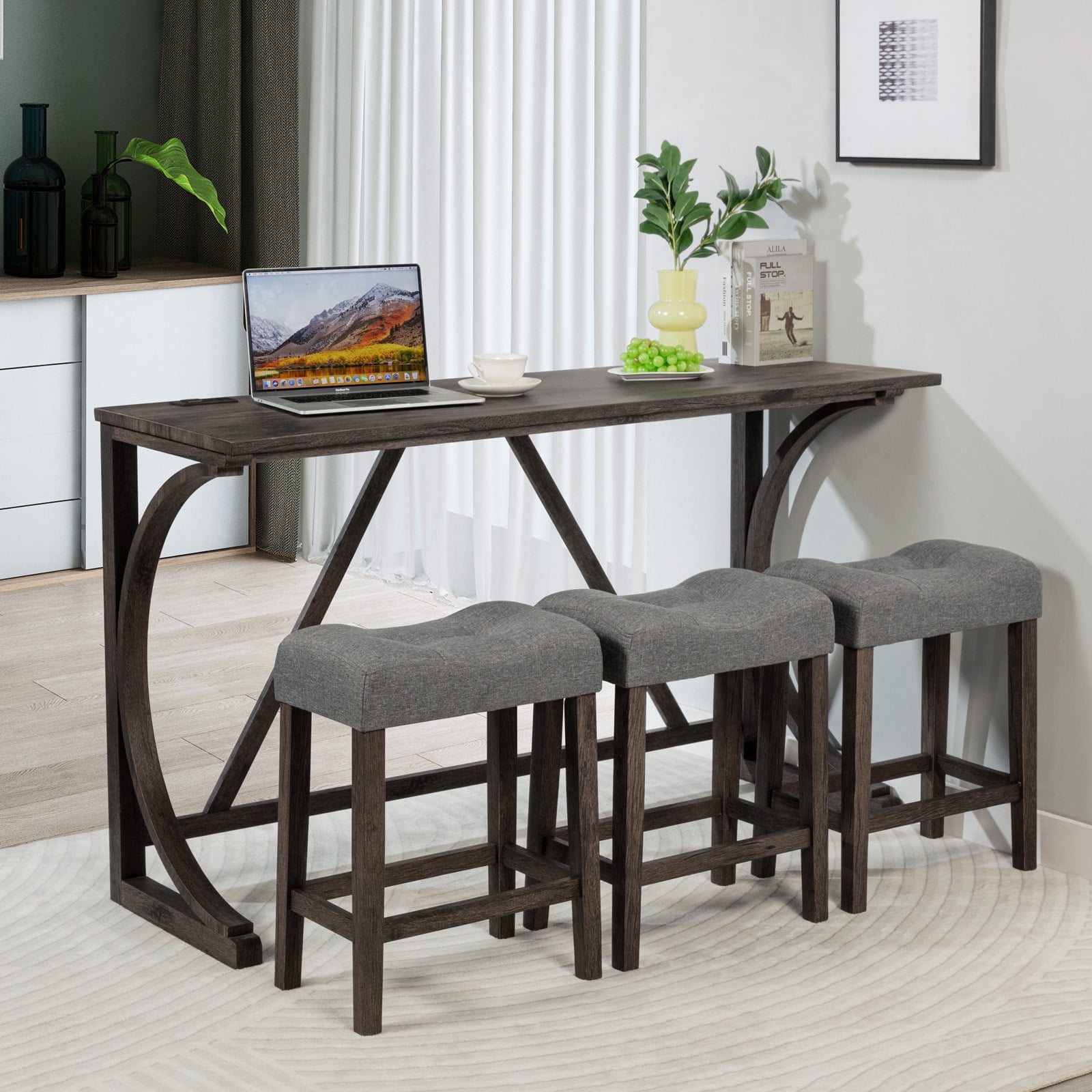 Aukfa 4-Piece Bar Table and Chairs Set with Power Outlet, Dining Table Set with Padded Stools for Living Room, Dining Room, Gray