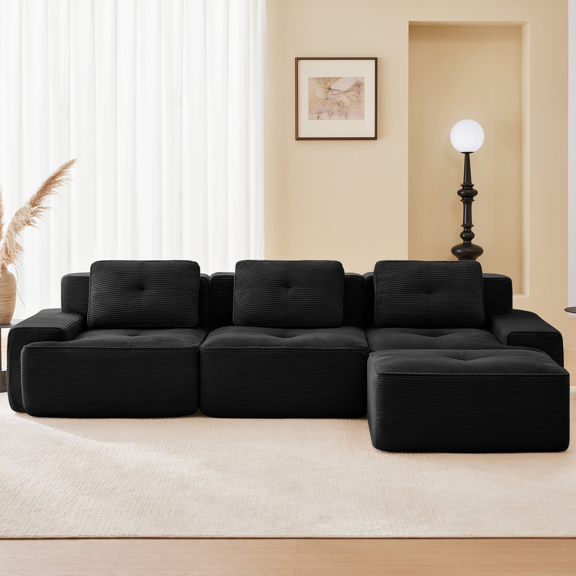Aukfa 4-Piece Cloud Couch Sectional Sofa with Ottoman, 117" L-Shaped Deep Seat Boneless Couch, Upholstered Living Room Furniture Set, Black