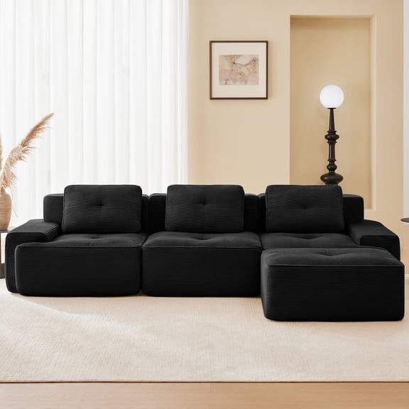 Aukfa 4-Piece Cloud Couch Sectional Sofa with Ottoman, 117" L-Shaped Deep Seat Boneless Couch, Upholstered Living Room Furniture Set, Black