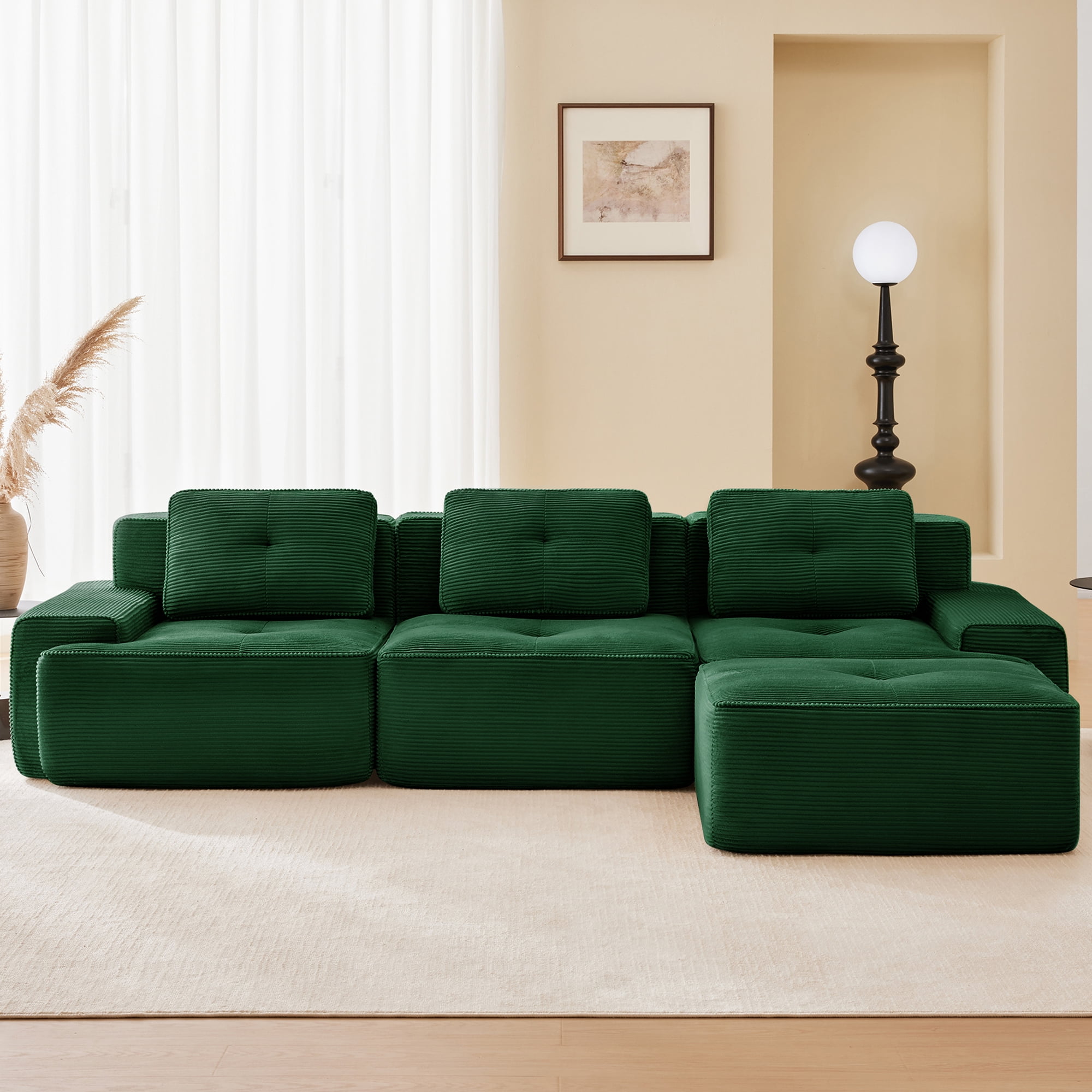 Aukfa 4-Piece Cloud Couch Sectional Sofa with Ottoman, 117" L-Shaped Deep Seat Boneless Couch, Upholstered Living Room Furniture Set, Green