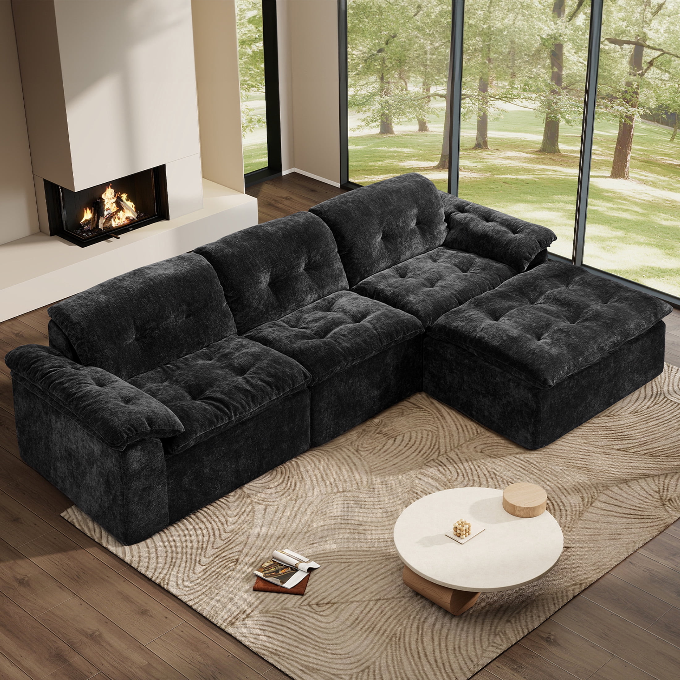 Aukfa 4-Piece L-Shaped Modular Sectional Sofa with Ottoman for Living Room, Ice Flower Chenille, Black