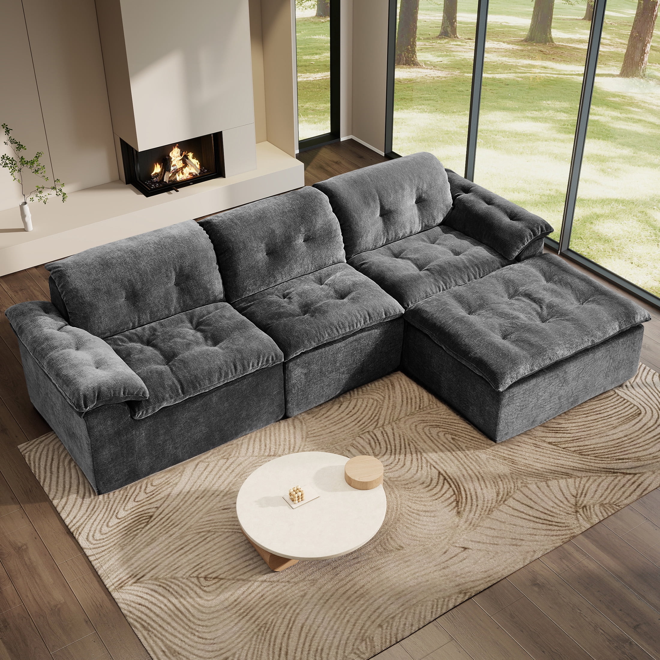 Aukfa 4-Piece L-Shaped Modular Sectional Sofa with Ottoman for Living Room, Ice Flower Chenille, Gray