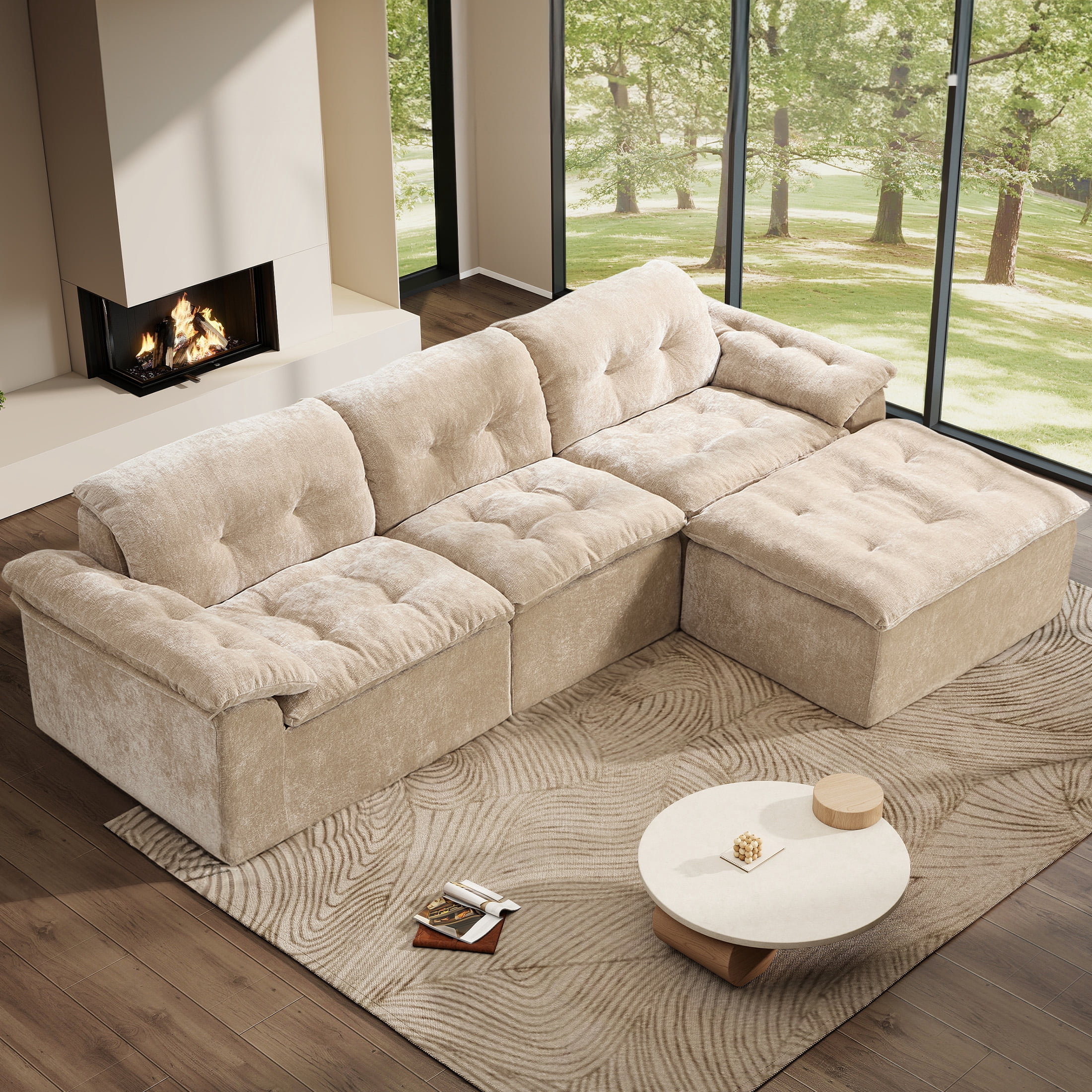 Aukfa 4-Piece L-Shaped Modular Sectional Sofa with Ottoman for Living Room, Ice Flower Chenille, Tam