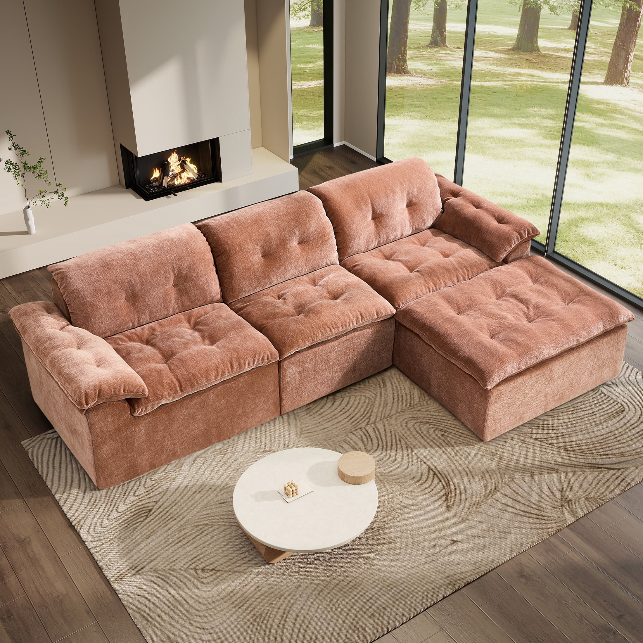 Aukfa 4-Piece L-Shaped Modular Sectional Sofa with Ottoman for Living Room, Ice Flower Chenille, Terracotta
