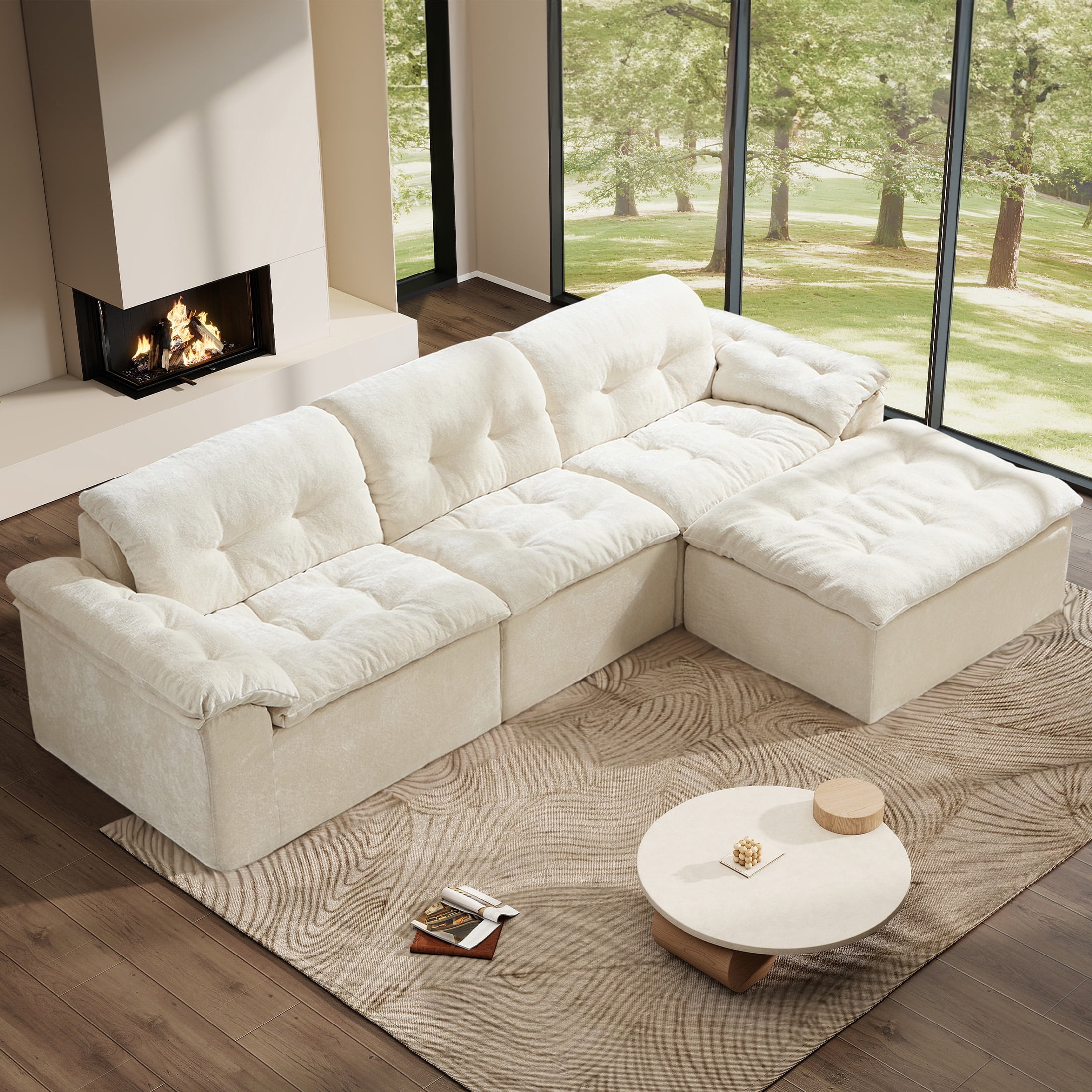 Aukfa 4-Piece L-Shaped Modular Sectional Sofa with Ottoman for Living Room, Ice Flower Chenille, White