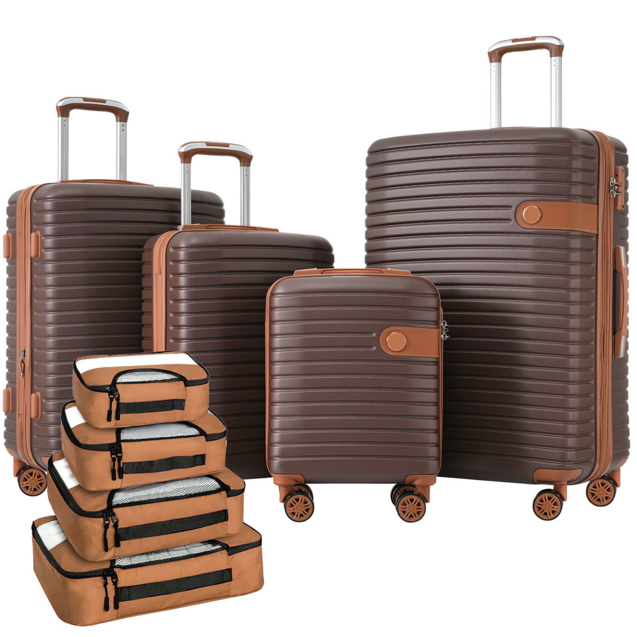Aukfa 4 Piece Luggage Sets with 4 Packing Cubes, Expandable Hard Shell Suitcase for Travel, Spinner Wheels (16/20/24/28in), Brown