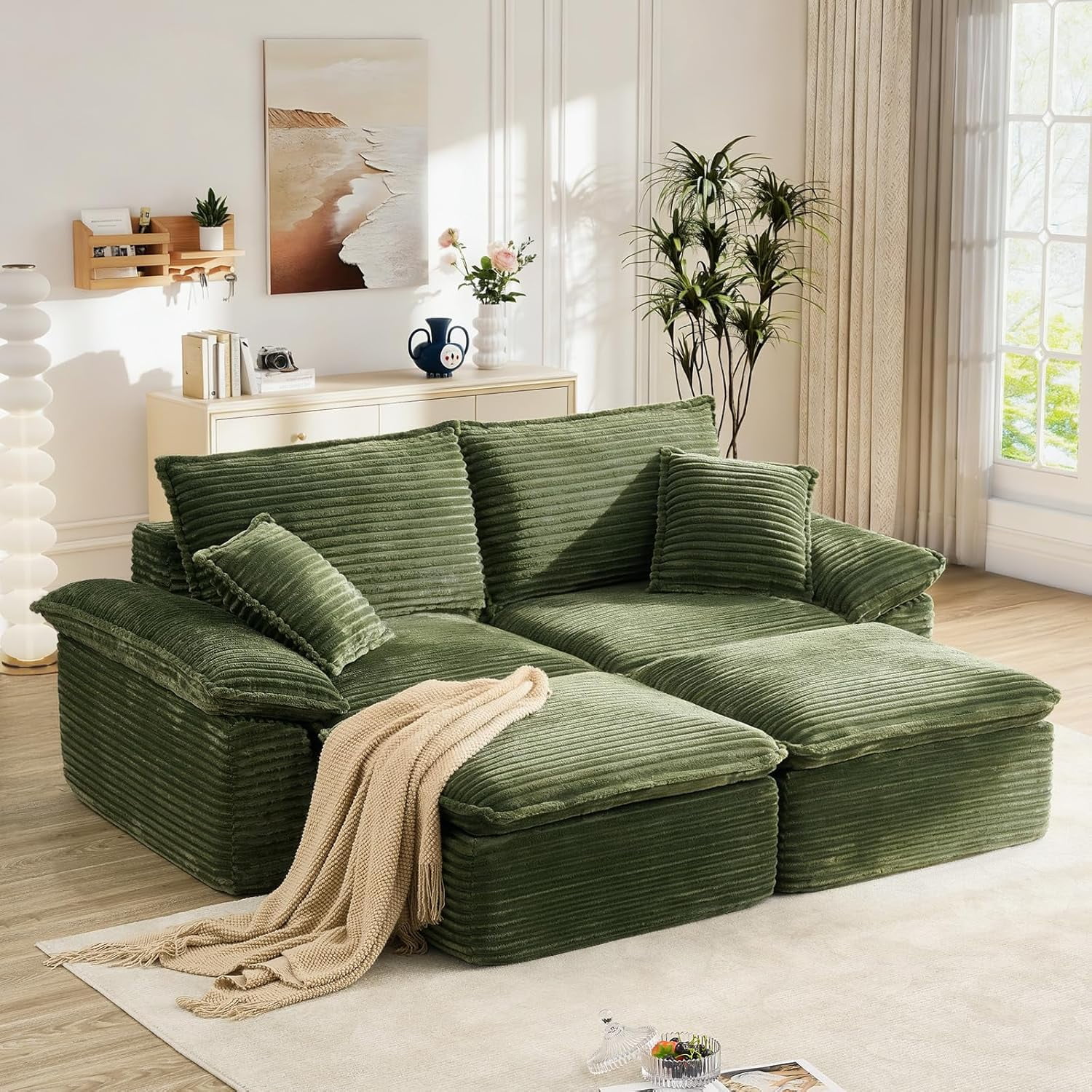 Aukfa 4-Piece Modular Sectional Sofa, Corduroy Convertible Double Chaise Lounge with Ottomans, Green