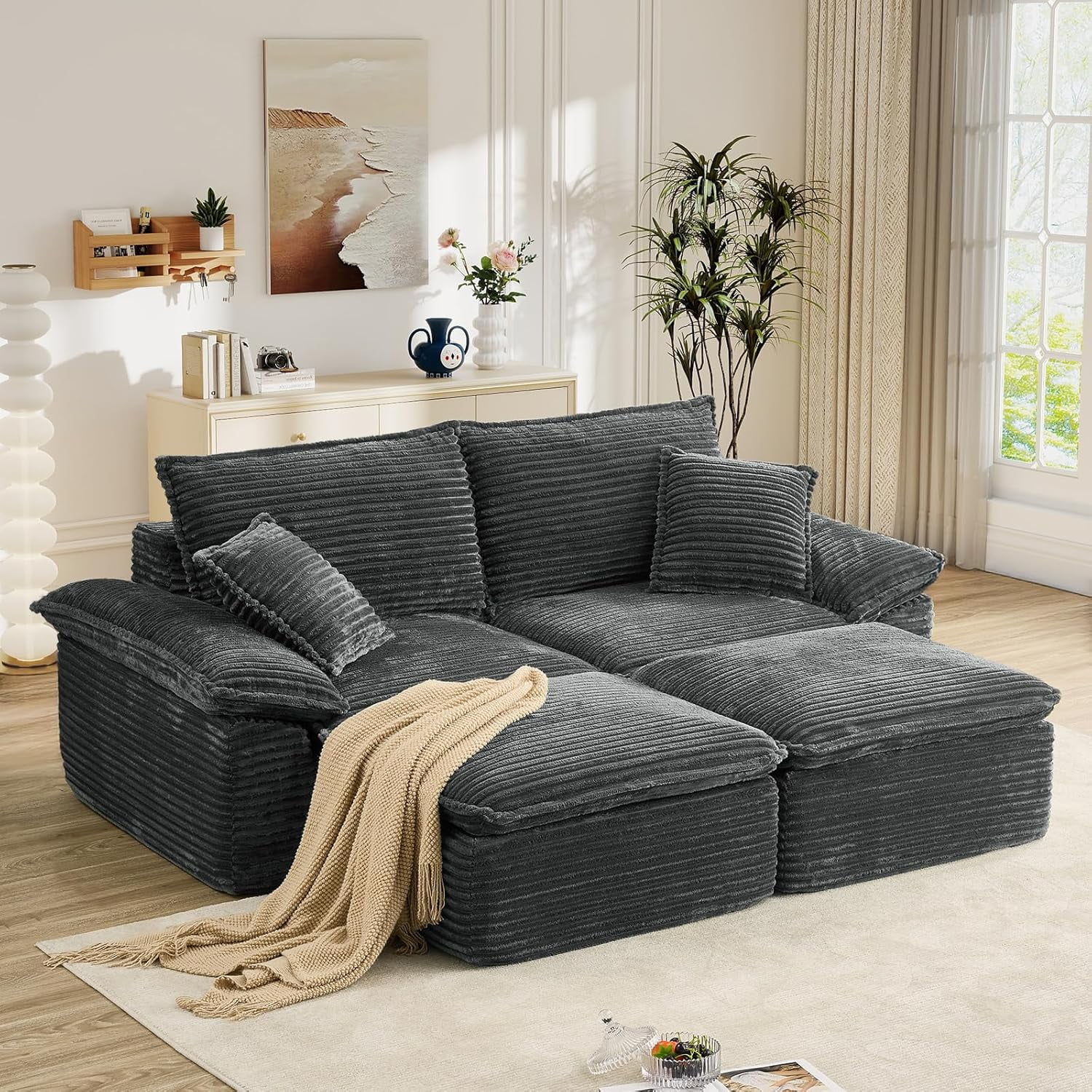 Aukfa 4-Piece Modular Sectional Sofa, Corduroy Convertible Double Chaise Lounge with Ottomans, Grey