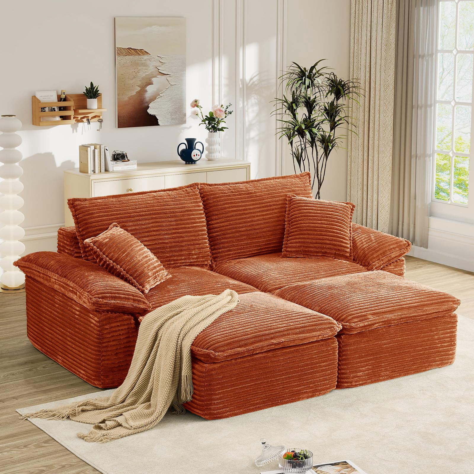 Aukfa 4-Piece Modular Sectional Sofa, Corduroy Convertible Double Chaise Lounge with Ottomans, Orange