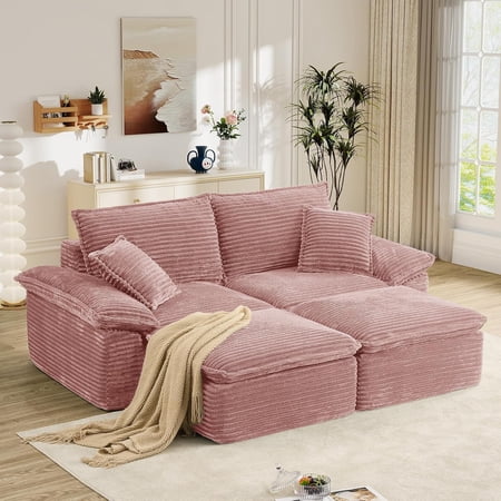 Aukfa 4-Piece Modular Sectional Sofa, Corduroy Convertible Double Chaise Lounge with Ottomans, Pink