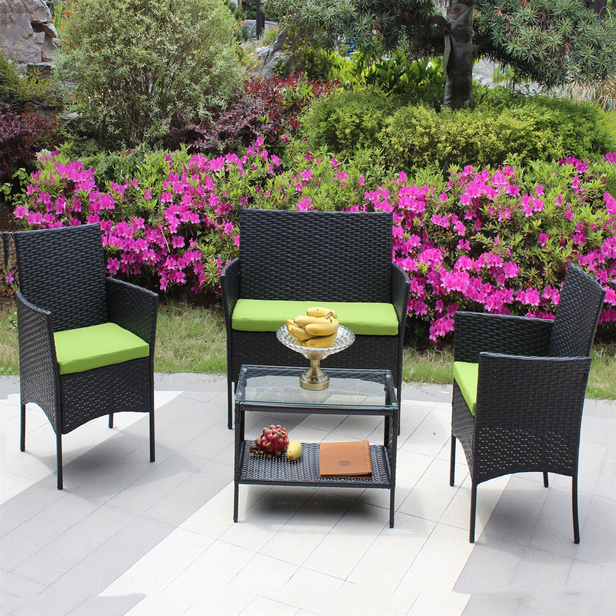 Aukfa 4 Piece Rattan Outdoor Patio Conversation Sofa Set with Table & Cushions, Green