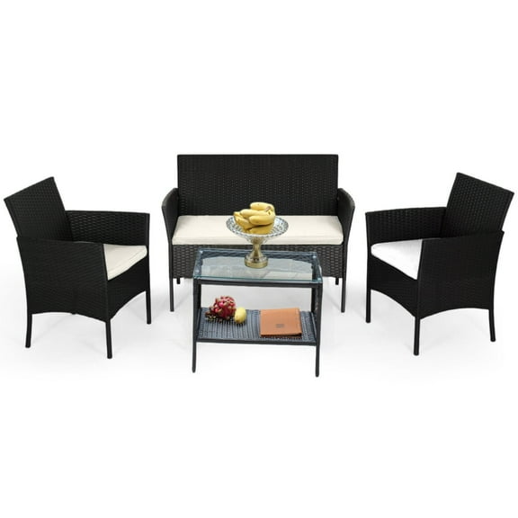 Aukfa 4 Piece Rattan Outdoor Sofa Patio Conversation Couch Set with 2-Tier Coffee Table&Beige Cushion