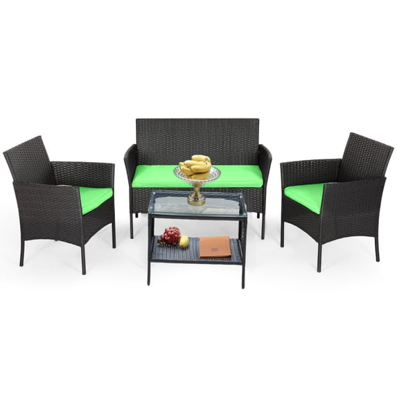 Aukfa 4 Piece Rattan Outdoor Sofa Patio Conversation Couch Set with 2-Tier Coffee Table&Green Cushion