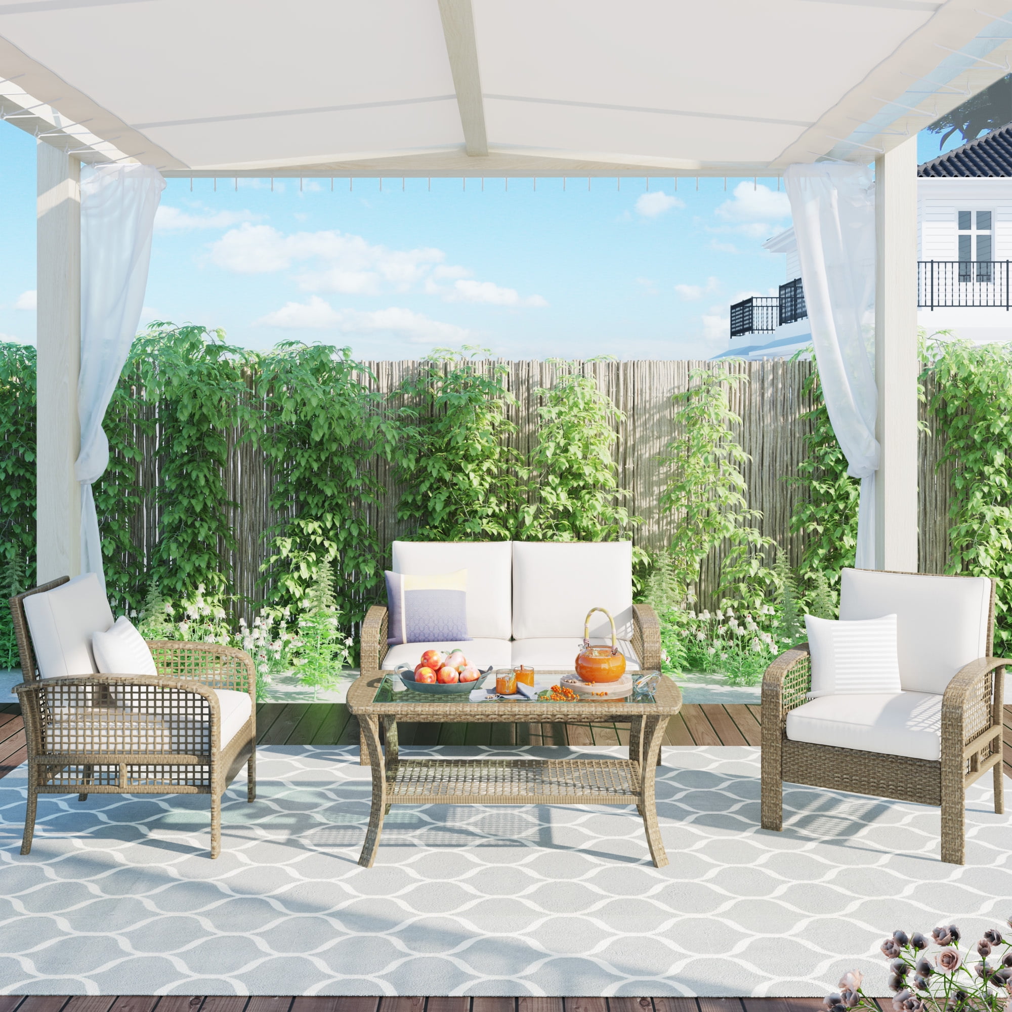 Aukfa 4 Piece Rattan Sofa set outdoor,Seating Group with Cushions