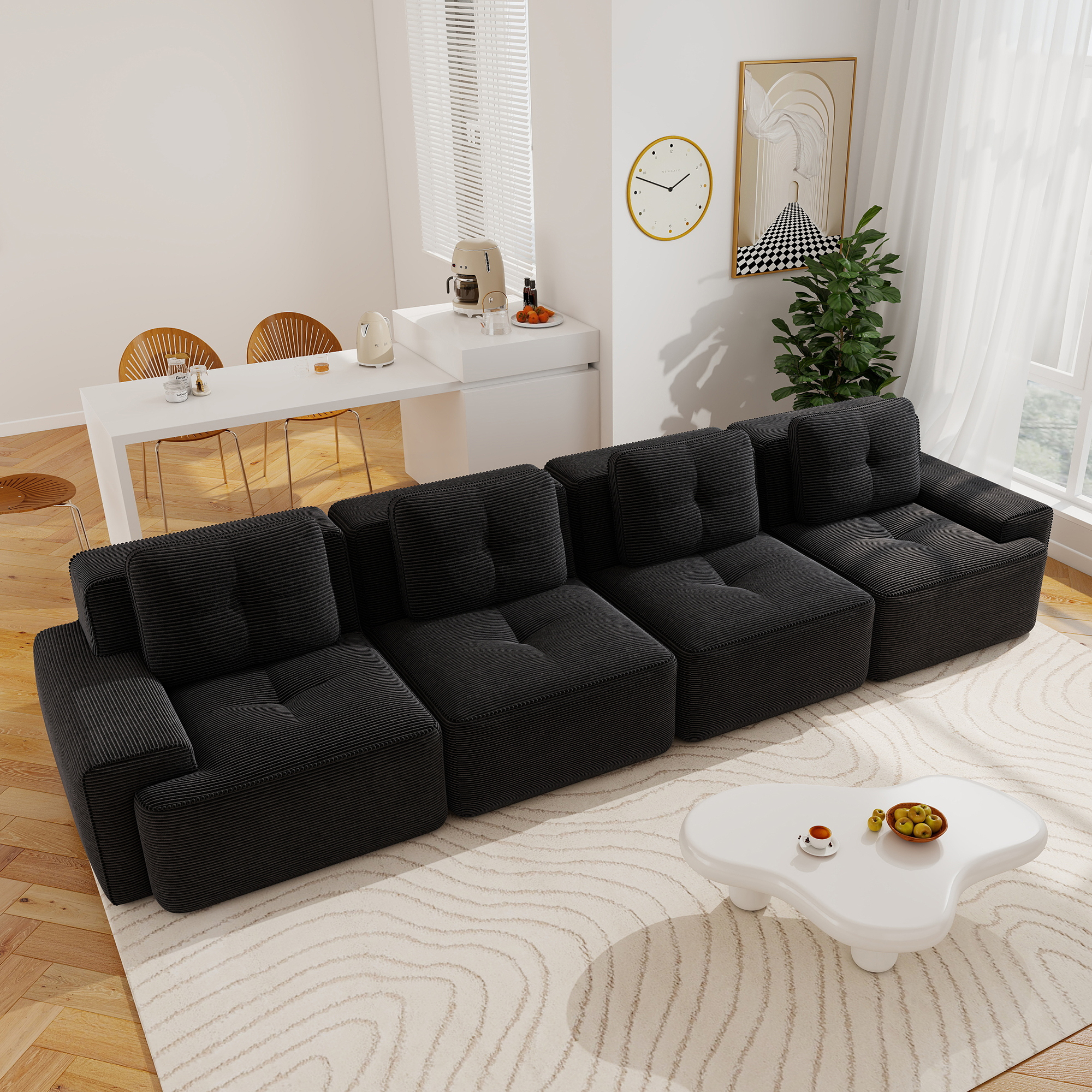 Aukfa 4-Piece Tufted Modular Corduroy Sectional Sofa for Living Room, 128.5" Width 4-Seat, Black