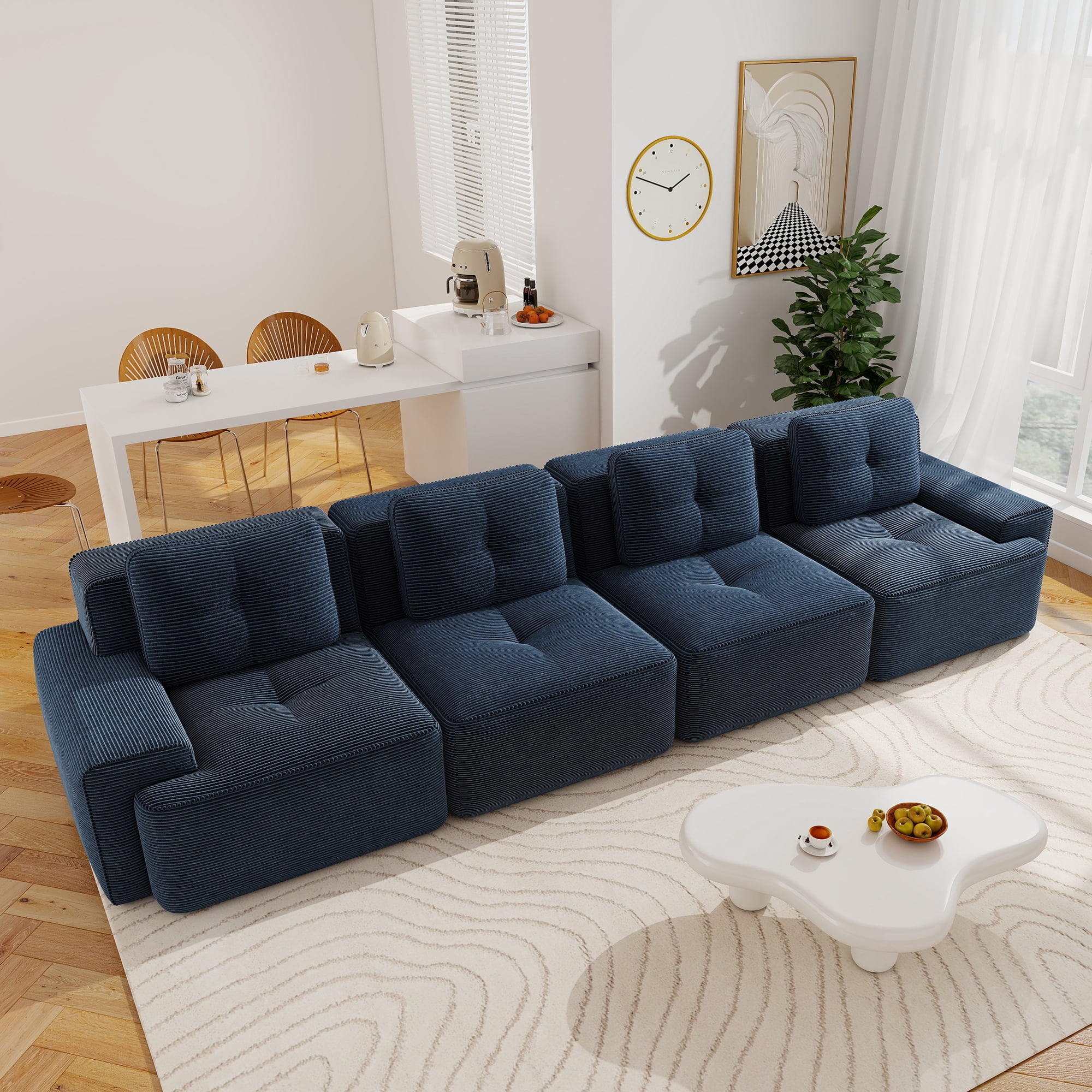 Aukfa 4-Piece Tufted Modular Corduroy Sectional Sofa for Living Room, 128.5" Width 4-Seat, Blue