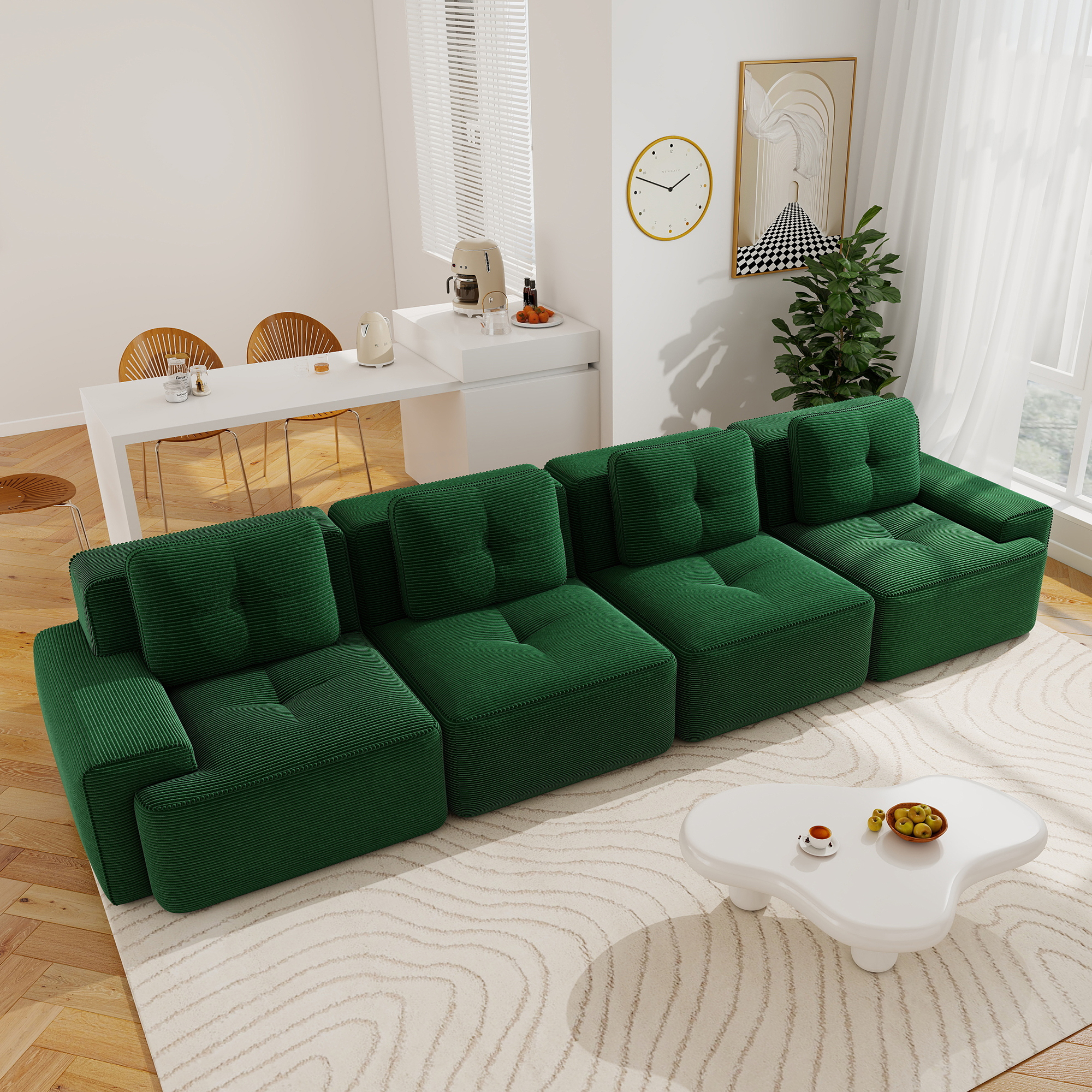 Aukfa 4-Piece Tufted Modular Corduroy Sectional Sofa for Living Room, 128.5" Width 4-Seat, Green
