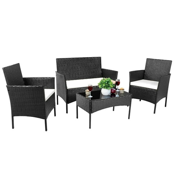 Aukfa 4 Pieces Patio Porch Furniture Sets PE Rattan Wicker Chairs Beige Cushion with Table for Outdoor Garden