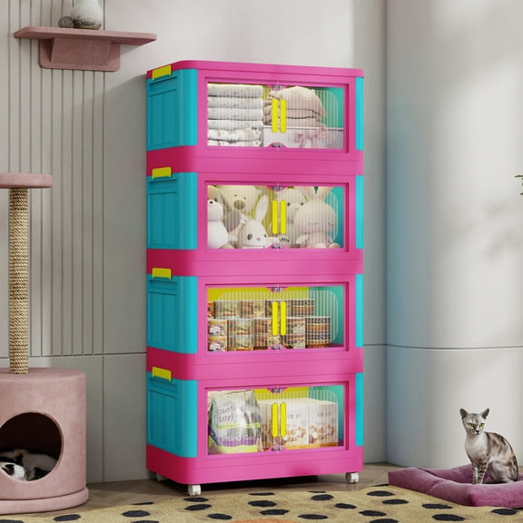 Aukfa 4 Tier Collapsible Storage Bins,20" Side Plastic Storage Cabinet with Wheels,Pink