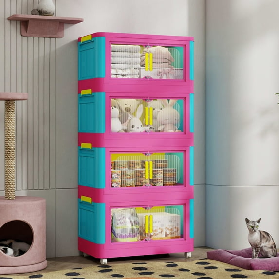 Aukfa 4 Tier Collapsible Storage Bins,20" Side Plastic Storage Cabinet with Wheels,Pink
