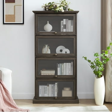 Aukfa 4-Tier Glass Display Cabinet,Cabinet Storage Curio Cabinet with Flip up Glass Doors, Brown