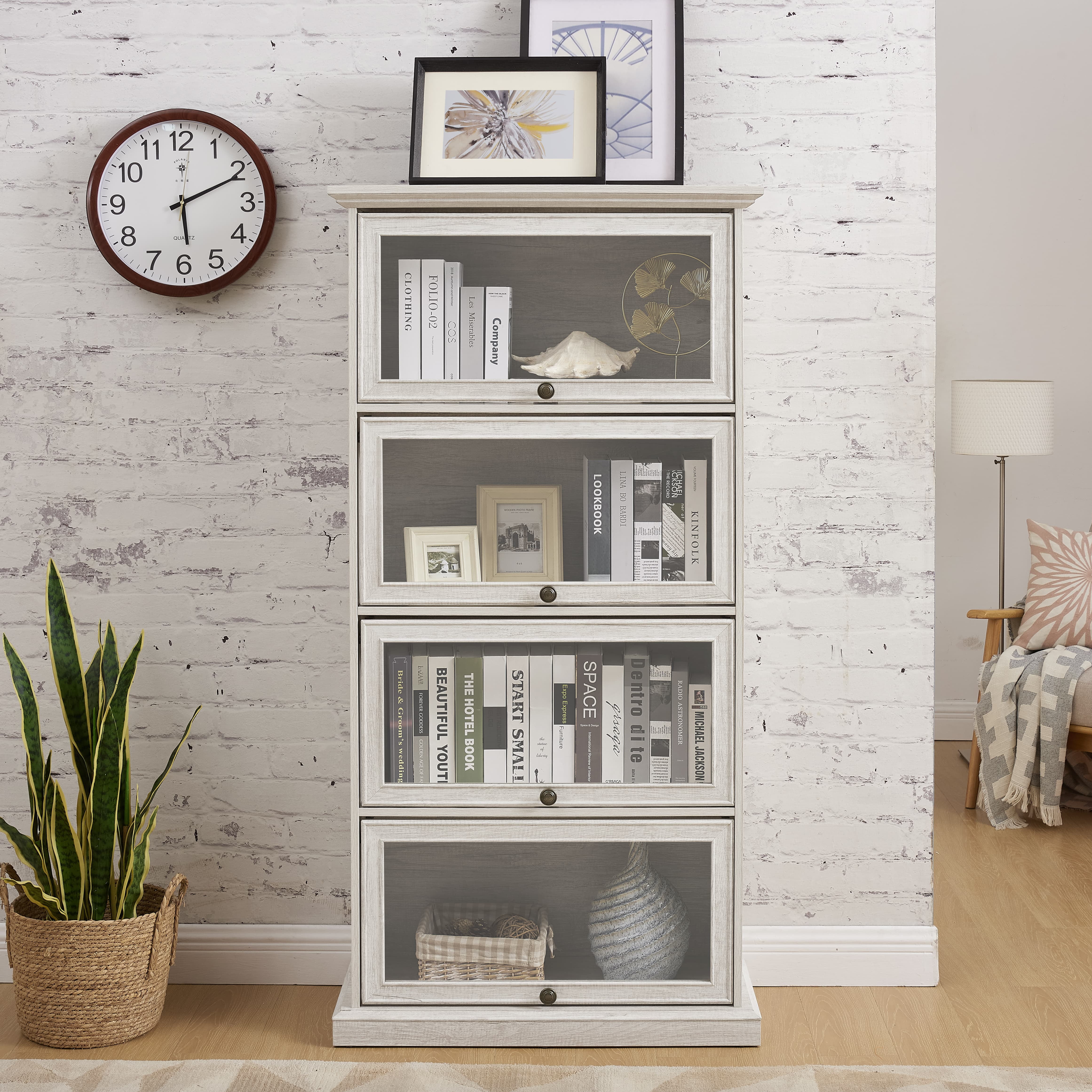 Aukfa 4-Tier Glass Display Cabinet,Cabinet Storage Curio Cabinet with Flip up Glass Doors, White