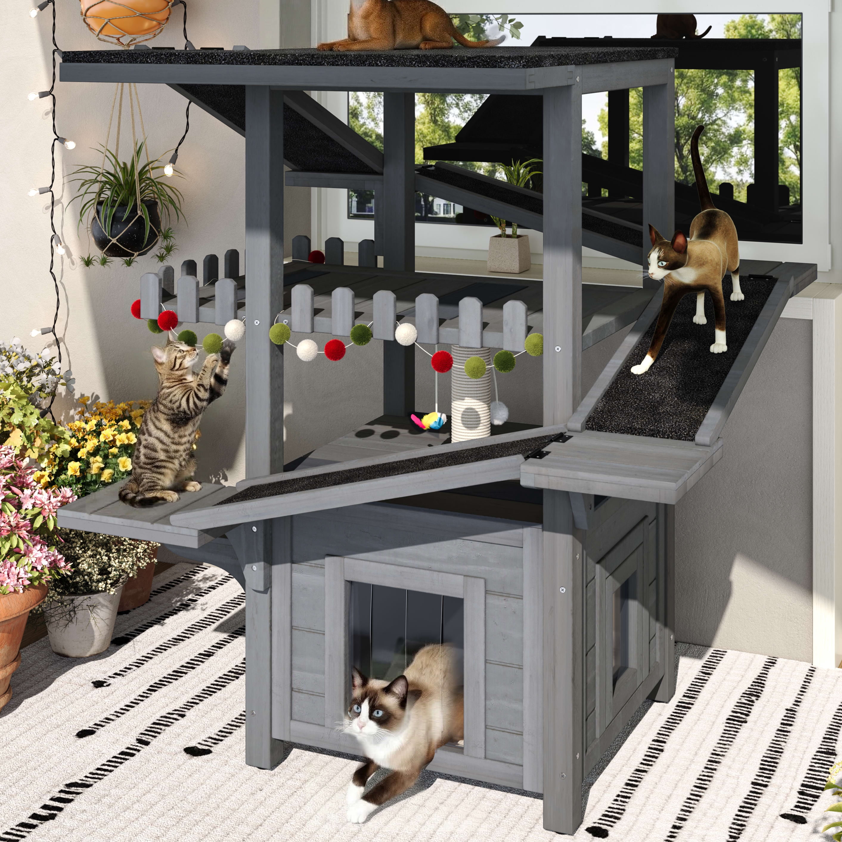 Aukfa 4-Tier Outdoor Cat House with Weatherproof Roof, Wooden Cat Tree with Ramps & Scratching Post, Multi-Level Cat Enclosure for Outside/Inside,Gray
