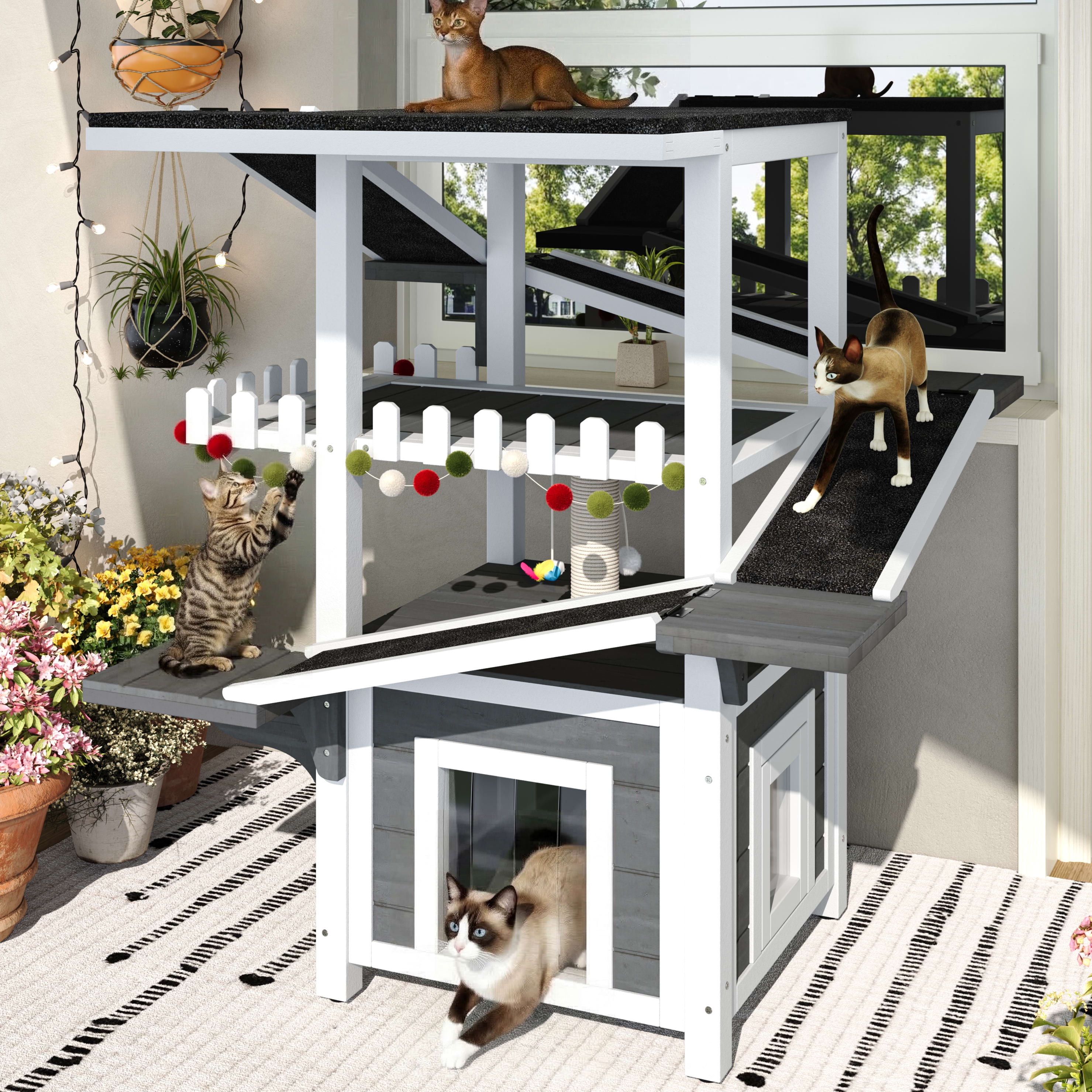 Aukfa 4-Tier Outdoor Cat House with Weatherproof Roof, Wooden Cat Tree ...