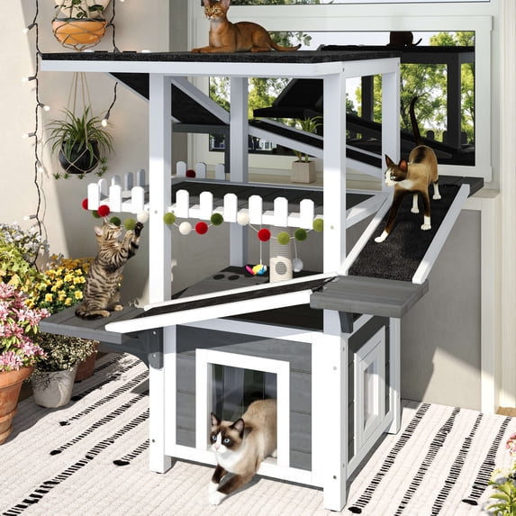 Aukfa 4-Tier Outdoor Cat House with Weatherproof Roof, Wooden Cat Tree with Ramps & Scratching Post, Multi-Level Cat Enclosure for Outside/Inside,White