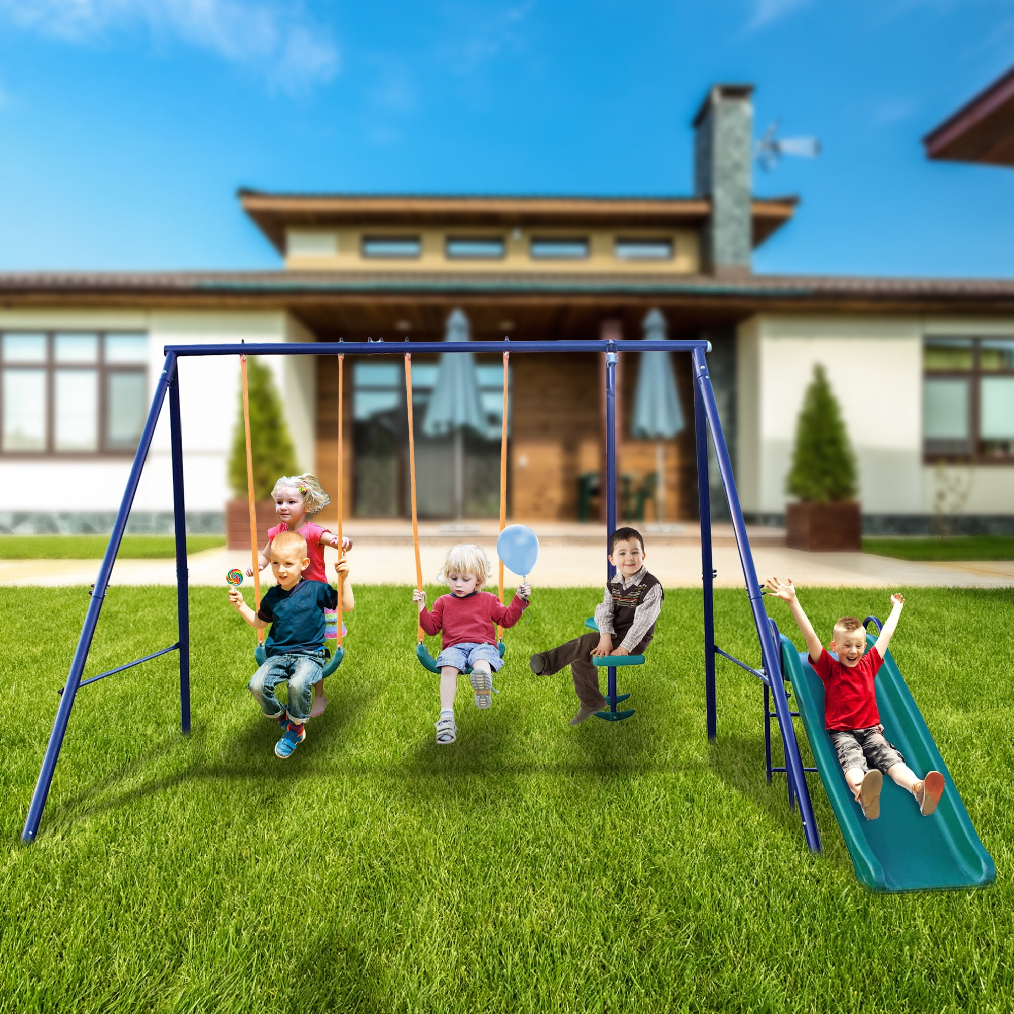 Aukfa 4 in 1 Kids Swing Set, Outdoor Heavy-Duty Metal Playset for Backyard with Slide, Blue
