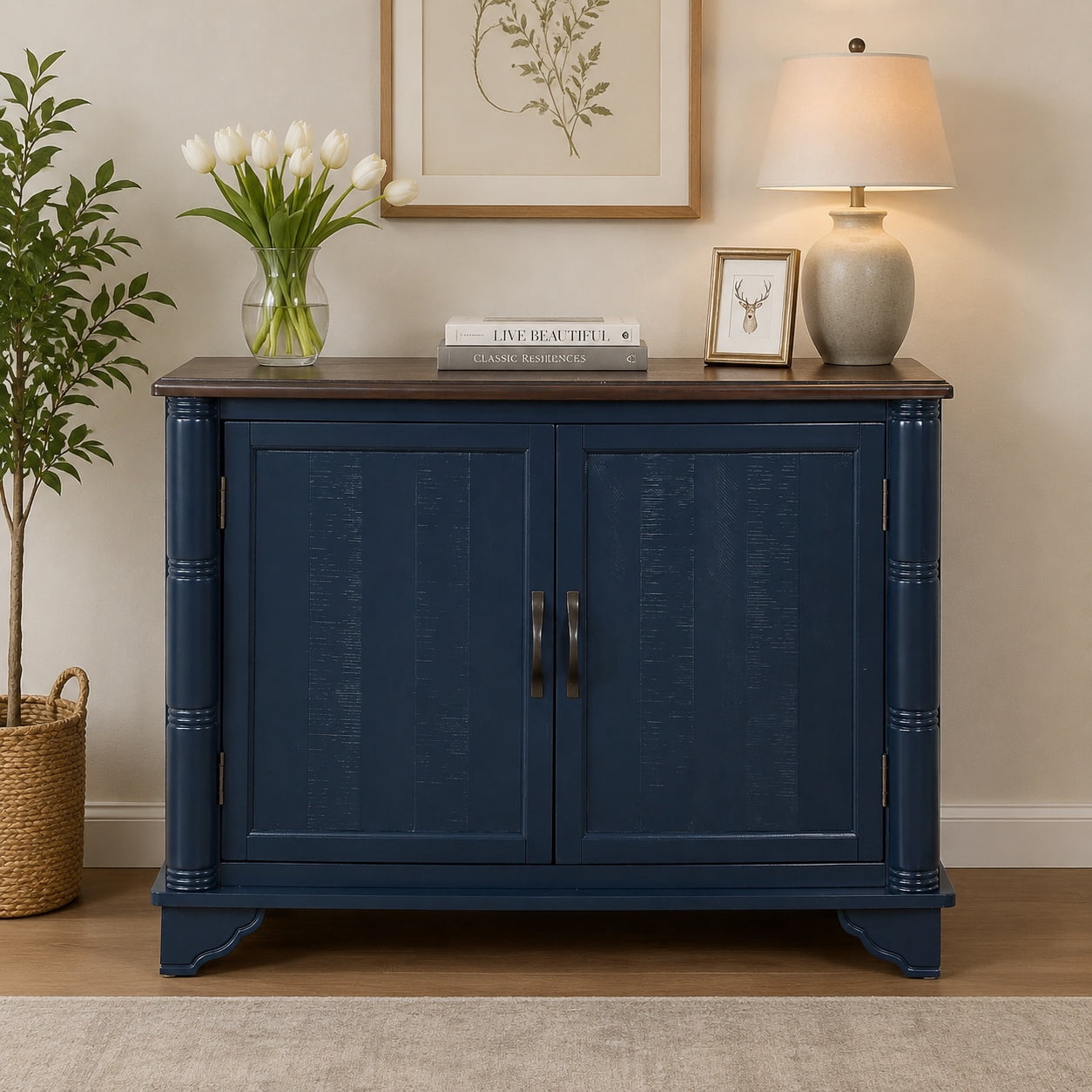 Aukfa 40" Farmhouse Accent Storage Cabinet, Solid Pine Wood Frame,Storage Organizer for Entryway & Living Room,Blue