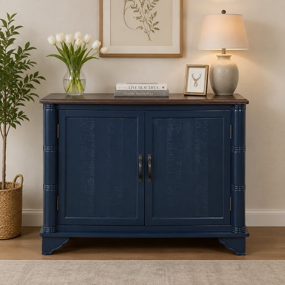 Aukfa 40" Farmhouse Accent Storage Cabinet, Solid Pine Wood Frame,Storage Organizer for Entryway & Living Room,Blue